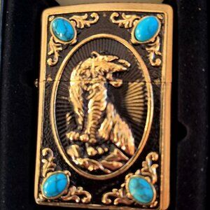 Gorgeous Black Turquoise Embellished Tiger Emblem Zippo Lighter
